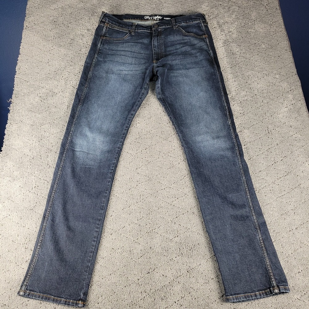 Wrangler Retro Jeans Mens 38x36 Blue Skinny Straight Leg Dark Wash Stretch Denim